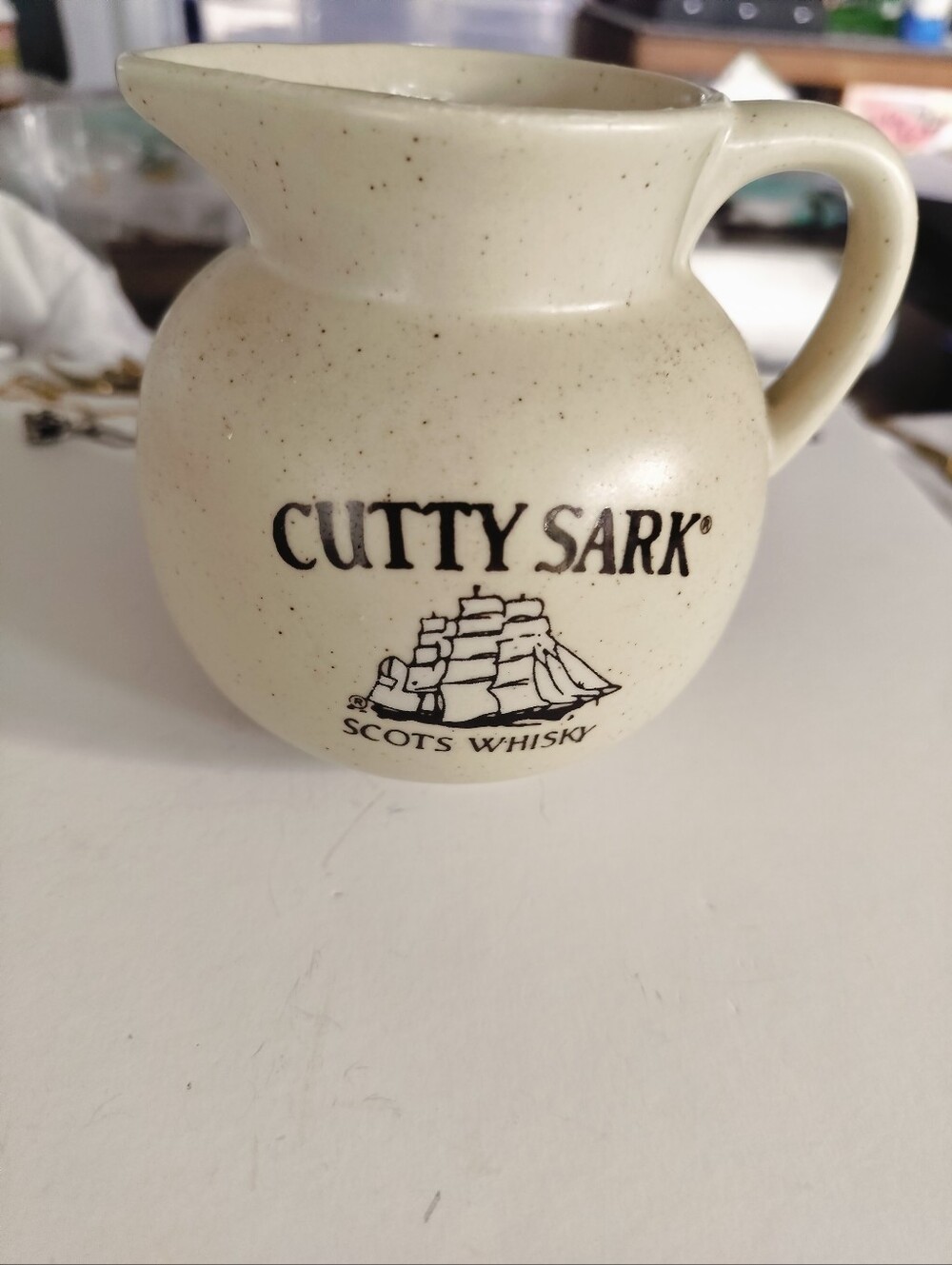 Vintage Cutty Sark Scots Whisky Pitcher Jug Beige Speckled Stoneware Look 4.5"